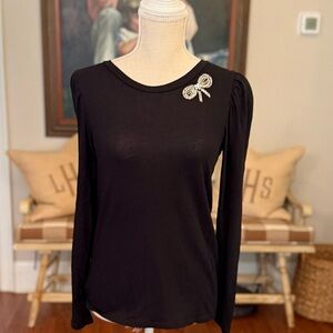 LOFT Black Tee Long Sleeve Silver Bead Bow Embellishment Size XS.